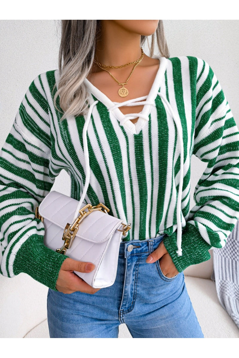 Striped Lace-Up Long Sleeve Sweater