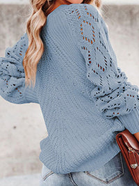 Openwork Round Neck Lantern Sleeve Sweater