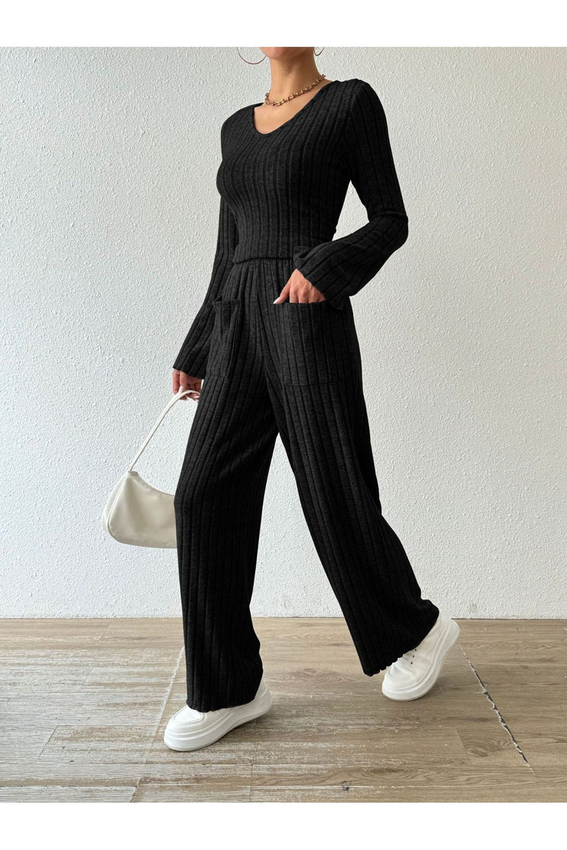 Ribbed V-Neck Long Sleeve Top and Pocketed Pants Set