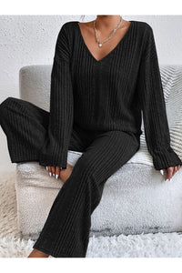 V-Neck Long Sleeve Top and Pants Set