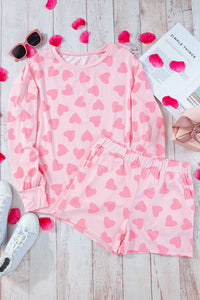 Heart Print Long Sleeve Top and Shorts Lounge Set