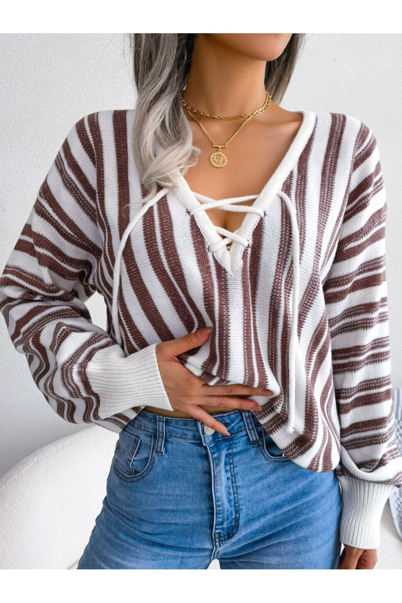 Striped Lace-Up Long Sleeve Sweater