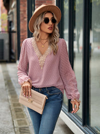 Swiss Dot V-Neck Long Sleeve Blouse