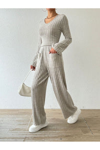 Ribbed V-Neck Long Sleeve Top and Pocketed Pants Set