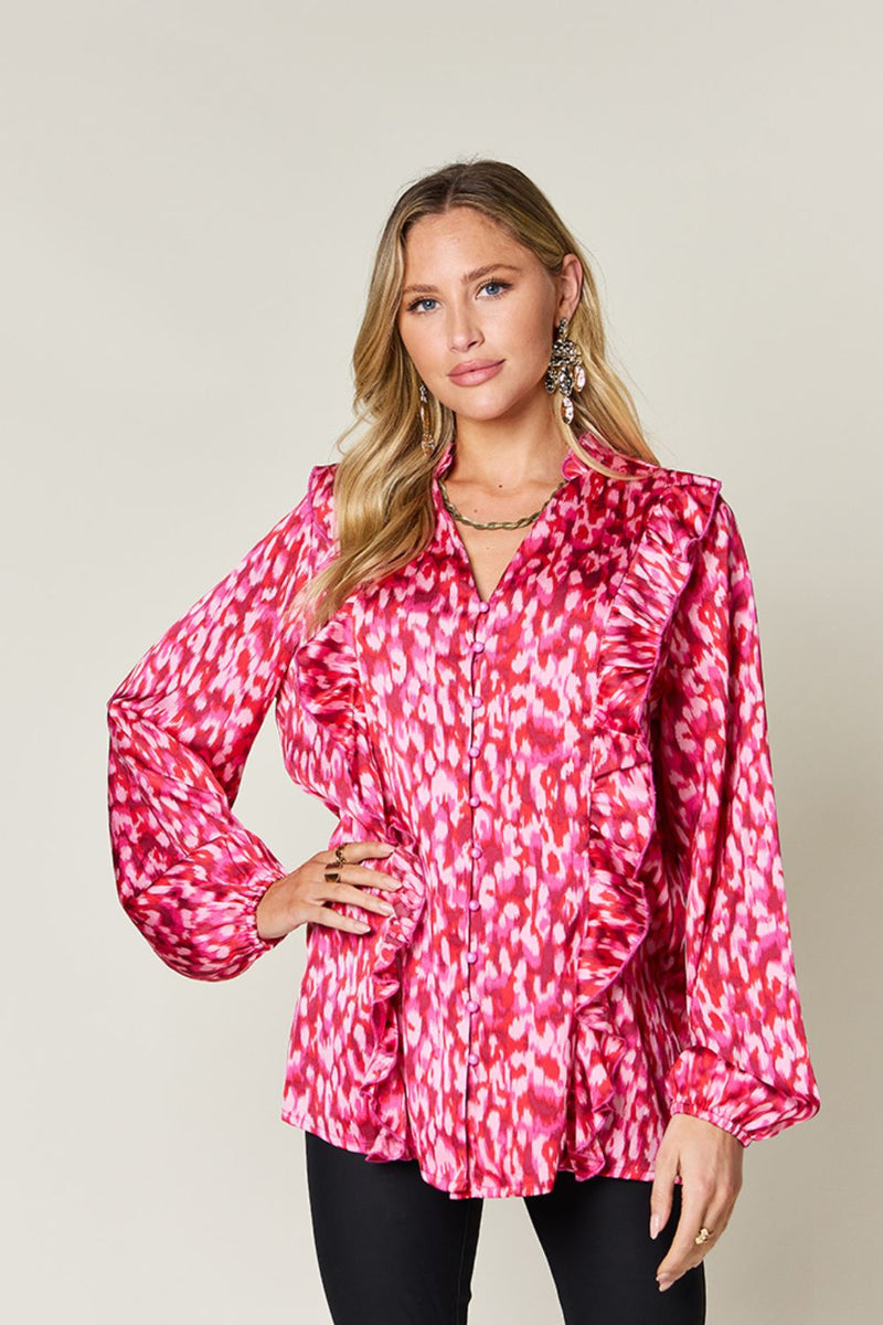 Double Take Full Size Printed Ruffle Trim Balloon Sleeve Shirt