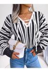 Striped Lace-Up Long Sleeve Sweater