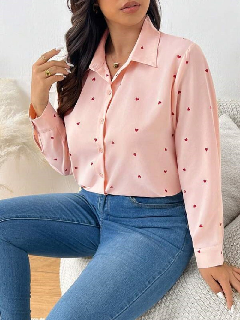 Heart Collared Neck Long Sleeve Shirt