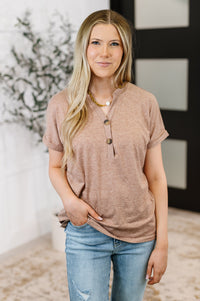 Almost There V-Neck Henley Top In Taupe
