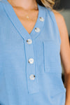 Buttoned Up Buttercup Sleeveless Top in Ocean Blue