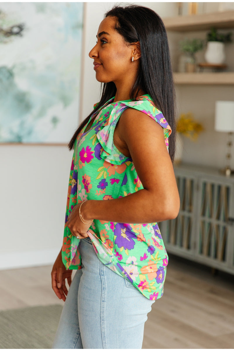 Lizzy Flutter Sleeve Top in Emerald and Purple Floral