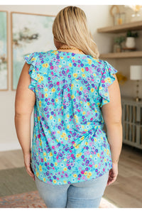 Lizzy Flutter Sleeve Top in Teal and Purple Floral