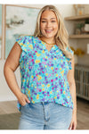 Lizzy Flutter Sleeve Top in Teal and Purple Floral