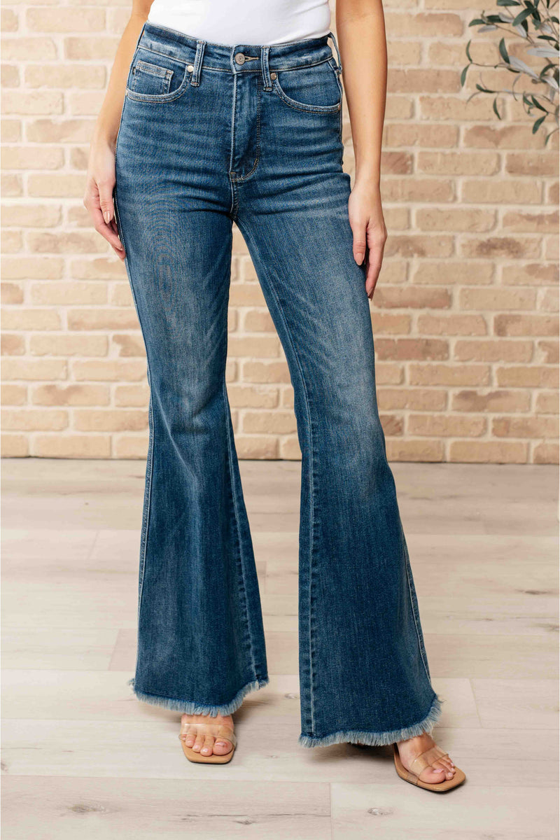 Miley High Waist Tummy Control Frayed Hem Flare Jeans