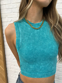 Over and Out Cropped Ribbed Tank in Lt Teal