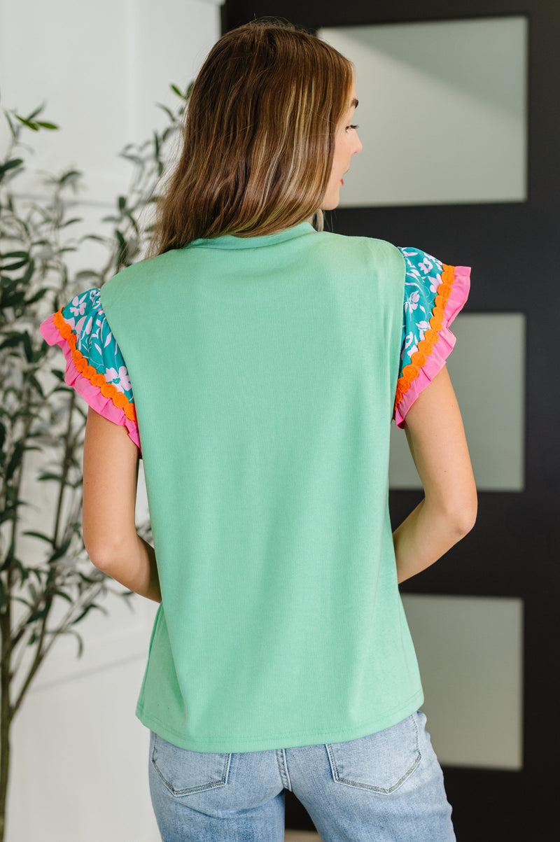 Petals & Poise Floral Flutter Sleeve Top in Green