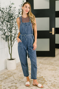 Too Cute to Compute Waist Tie Overalls in Dark Blue