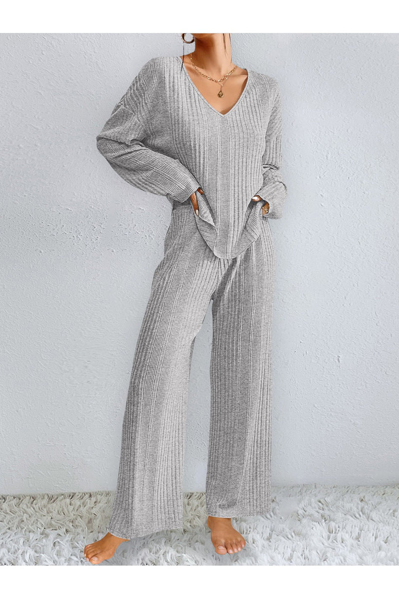 V-Neck Long Sleeve Top and Pants Set