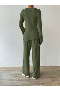 Ribbed V-Neck Long Sleeve Top and Pocketed Pants Set