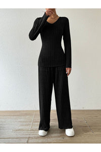 Ribbed V-Neck Long Sleeve Top and Pocketed Pants Set