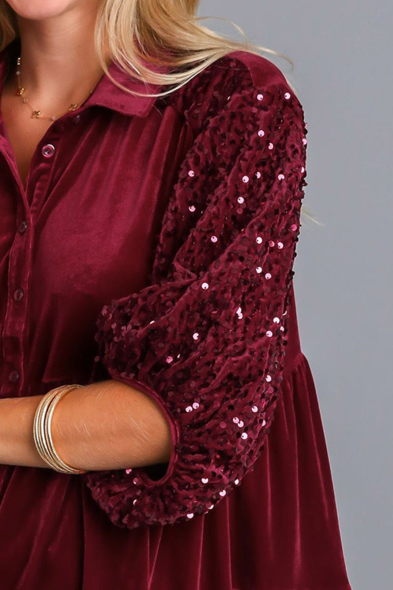 Umgee Sequin Detail Tiered Back Half Sleeve Shirt