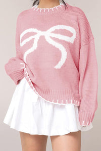 Bow Graphic Round Neck Long Sleeve Sweater