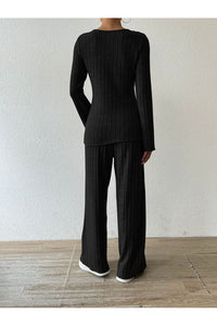 Ribbed V-Neck Long Sleeve Top and Pocketed Pants Set