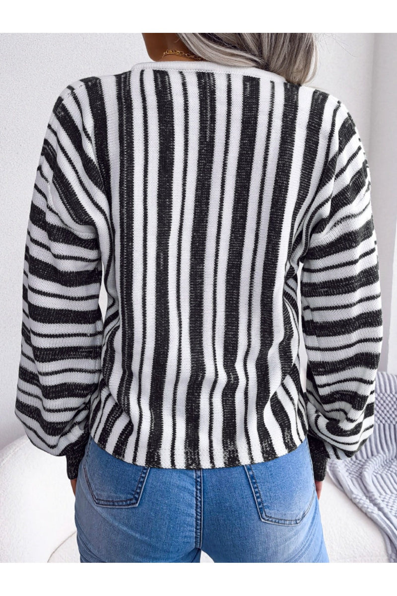 Striped Lace-Up Long Sleeve Sweater