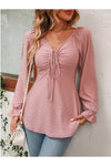 Full Size Drawstring Ruffled V-Neck Long Sleeve Blouse