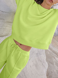 Round Neck Long Sleeve Top and Elastic Waist Pants Set