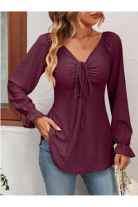 Full Size Drawstring Ruffled V-Neck Long Sleeve Blouse