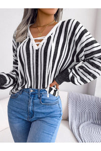 Striped Lace-Up Long Sleeve Sweater