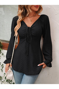 Full Size Drawstring Ruffled V-Neck Long Sleeve Blouse