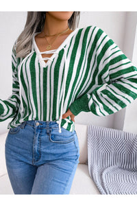 Striped Lace-Up Long Sleeve Sweater