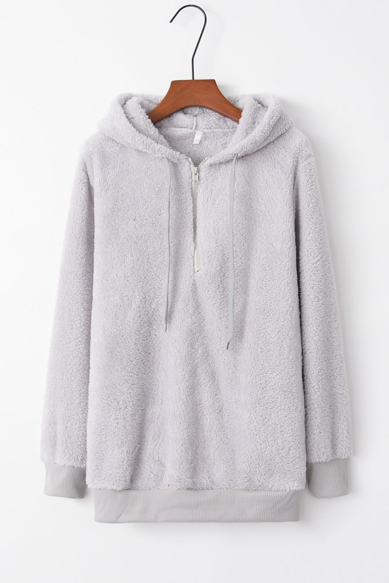 Full Size Quarter-Zip Drawstring Teddy Hoodie