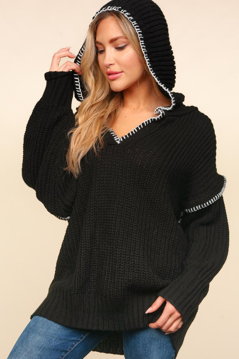 Notched Neck Long Sleeve Hooded Pullover