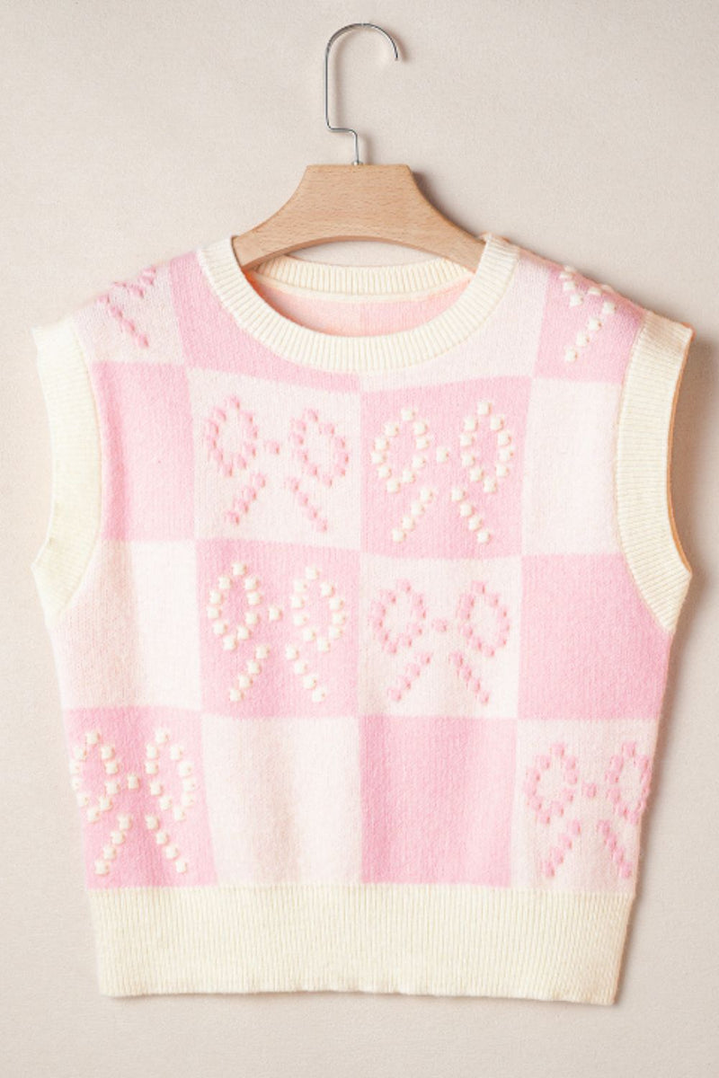 Bow Checkered Round Neck Sweater Vest