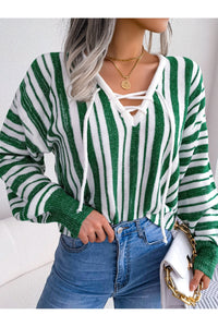 Striped Lace-Up Long Sleeve Sweater