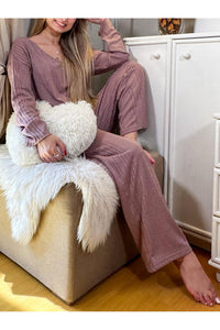 V-Neck Long Sleeve Top and Pants Set