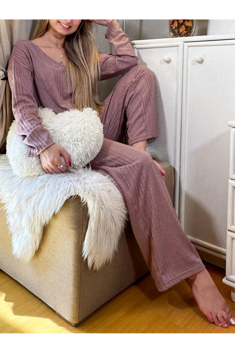 V-Neck Long Sleeve Top and Pants Set