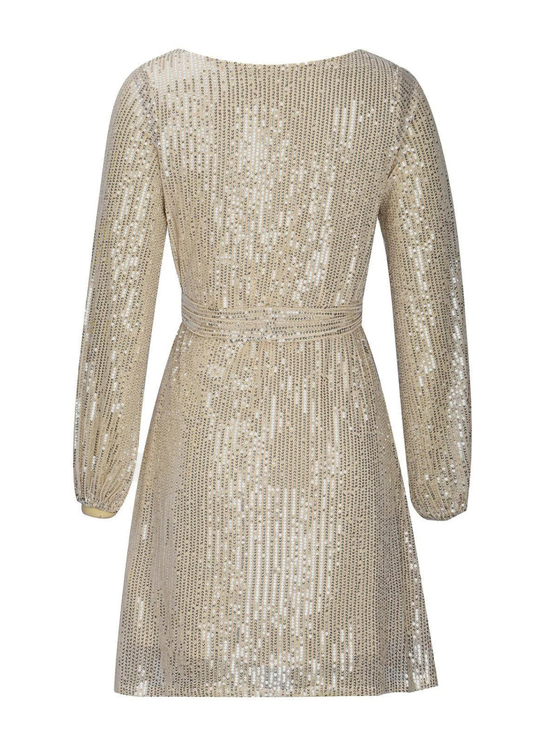 Sequin Tie Waist Long Sleeve Mini Dress