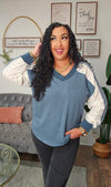 Multi Fabric Contrast Sleeve V Neck Top - T5990