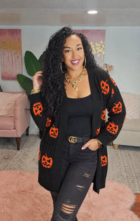 Halloween Pumpkin Open Front Knit Cardigan