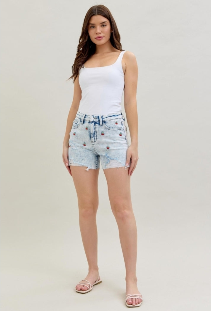 High Waist Cherry Embroidered Jean Shorts