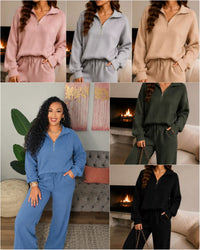 Ribbed Knit Quarter-Zip Top and Wide-Leg Pants Set