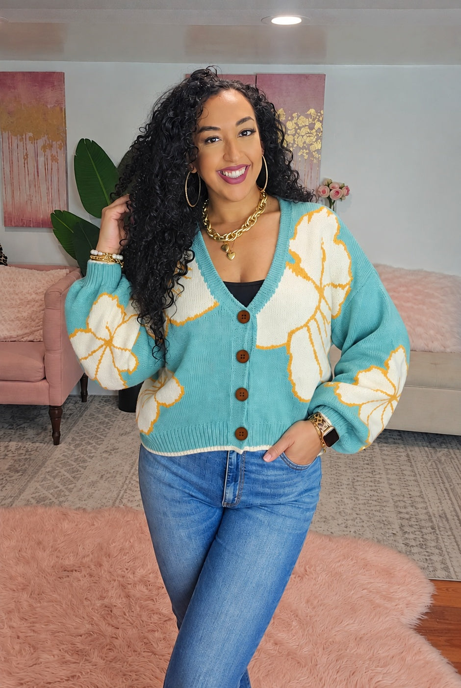V-Neck Button-Down Knit Cardigan