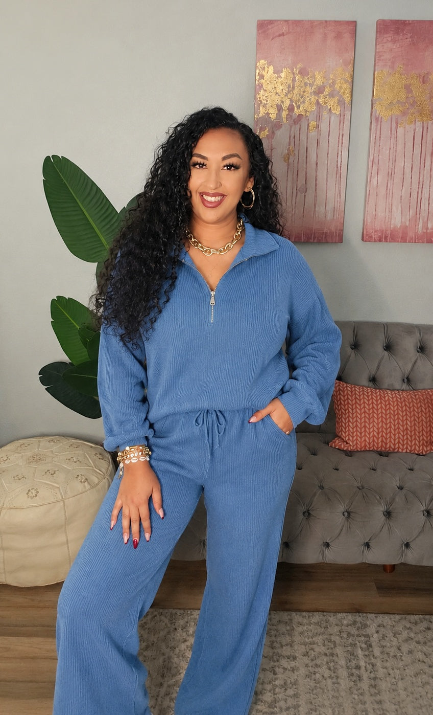 Ribbed Knit Quarter-Zip Top and Wide-Leg Pants Set