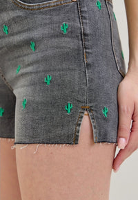 *Early Release* High Waist Cactus Embroidered Jean Shorts