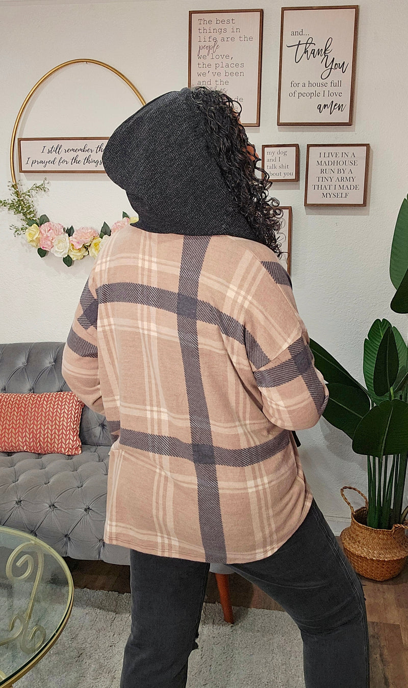 Plaid Button Down Hooded Shacket - T4962