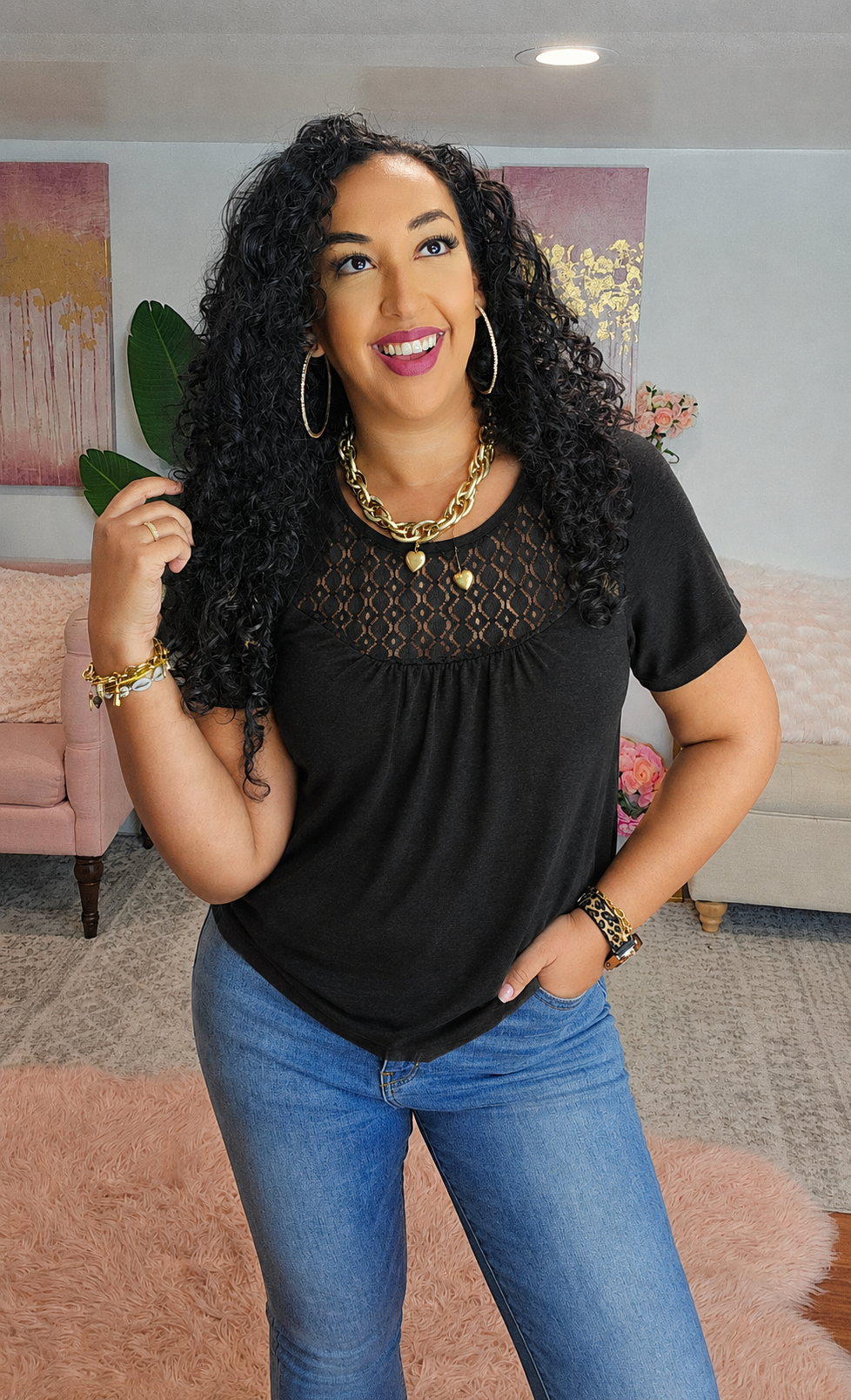 Lace Detail Round Neck Short Sleeve Blouse