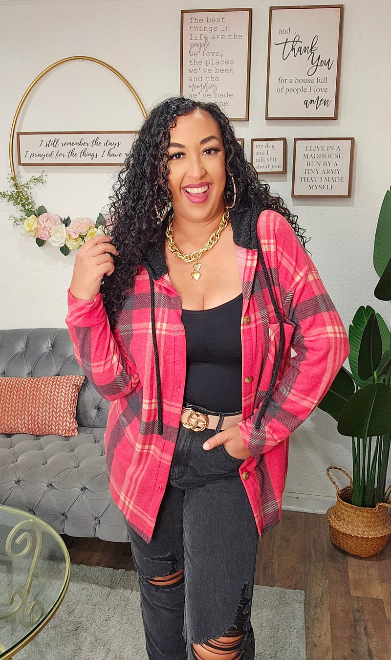 Plaid Button Down Hooded Shacket - T4962